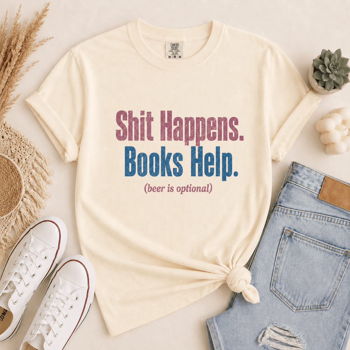 Shit Happens. Books Help. (beer is optional) Graphic Tee - T - SHIRT - TheSpinedLife