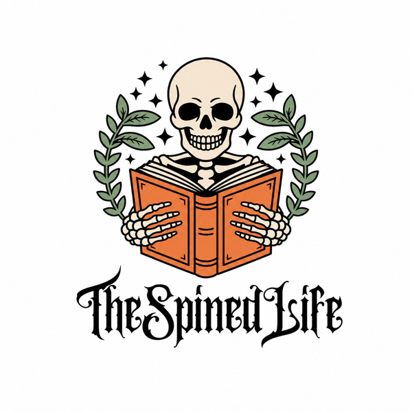 Logo with a skeleton holding a book and the text 'The Spined Life' on a white background.