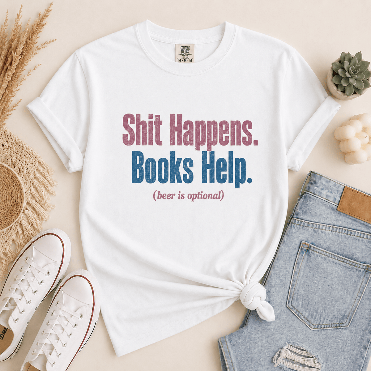 Shit Happens. Books Help. (beer is optional) Graphic Tee - T - SHIRT - TheSpinedLife