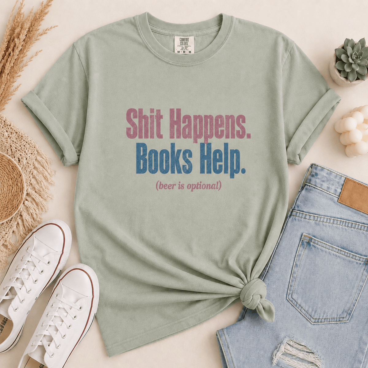 Shit Happens. Books Help. (beer is optional) Graphic Tee - T - SHIRT - TheSpinedLife
