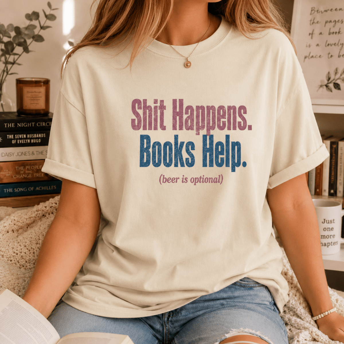 Shit Happens. Books Help. (beer is optional) Graphic Tee - T - SHIRT - TheSpinedLife