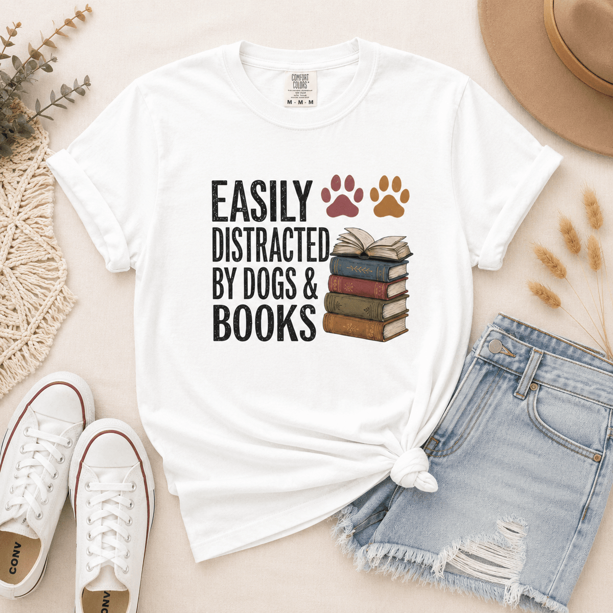 Easily Distracted by Dogs & Books Tee - T-SHIRT - TheSpinedLife
