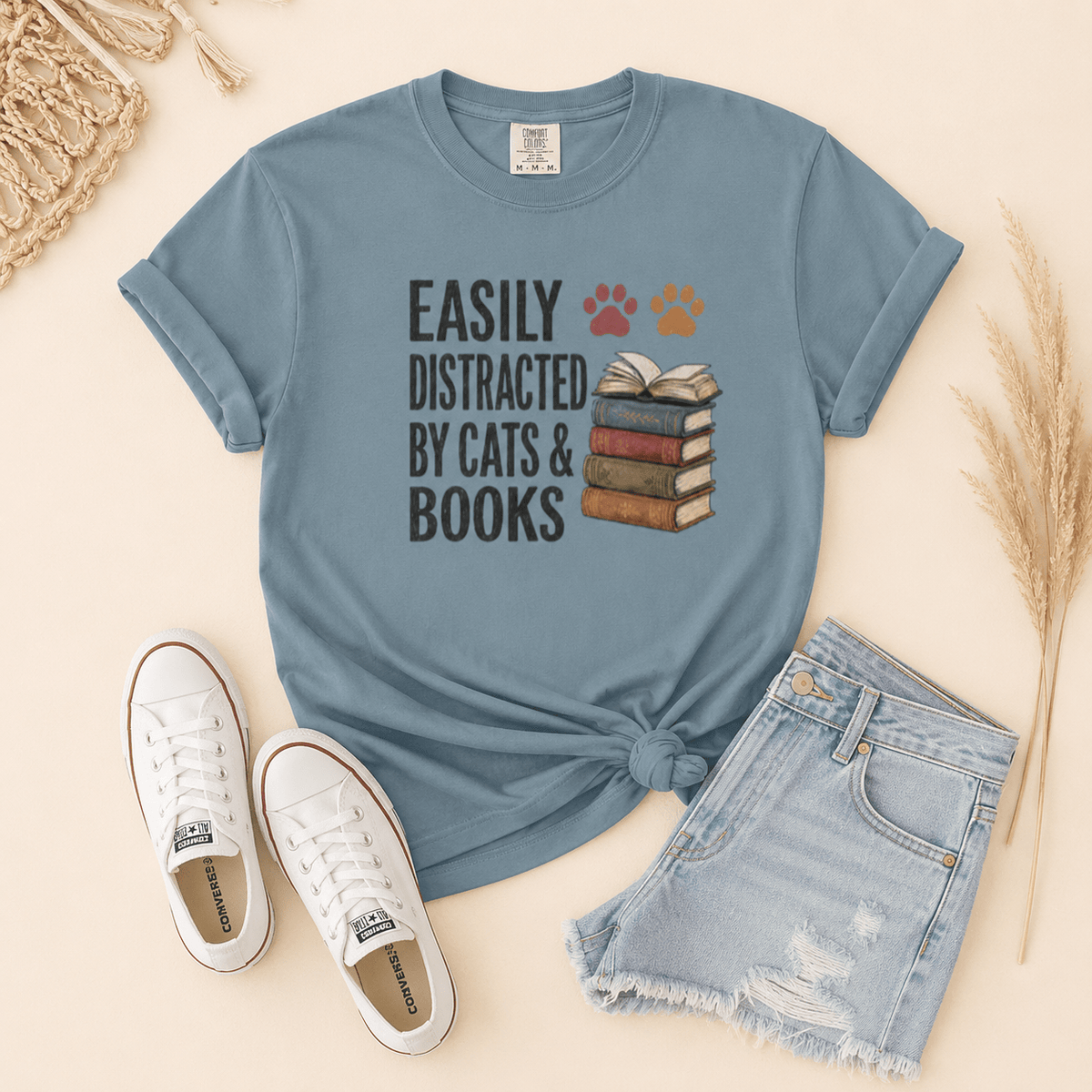 Easily Distracted by Cats & Books Tee - T-SHIRT - TheSpinedLife