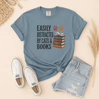 Easily Distracted by Cats & Books Tee - T-SHIRT - TheSpinedLife