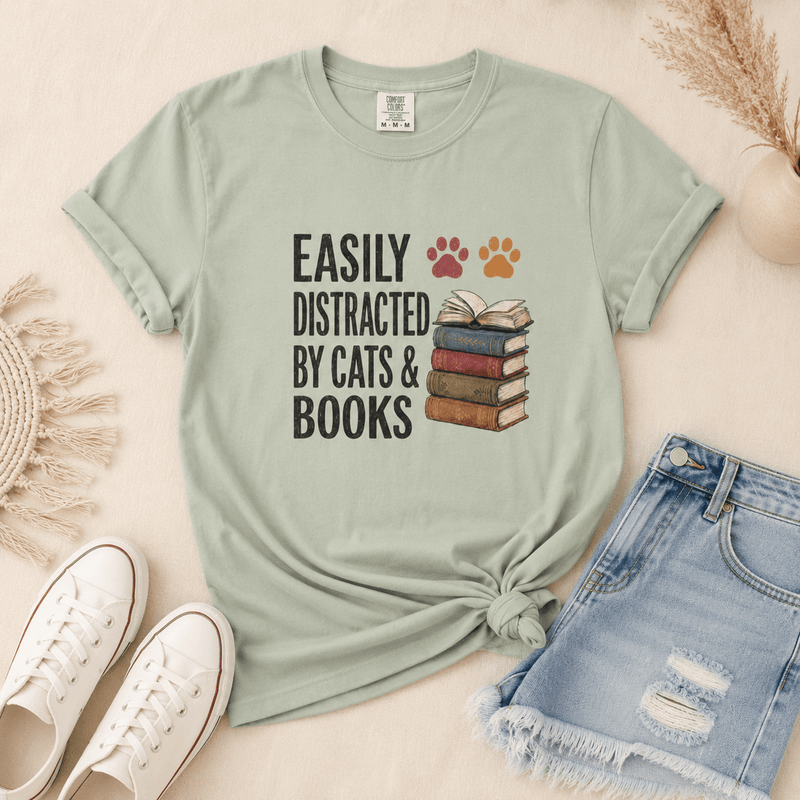 Easily Distracted by Cats & Books Tee - T-SHIRT - TheSpinedLife
