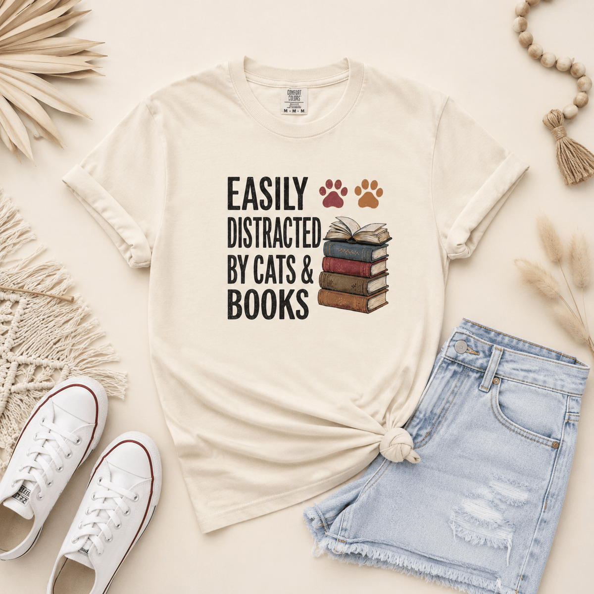 Easily Distracted by Cats & Books Tee - T-SHIRT - TheSpinedLife