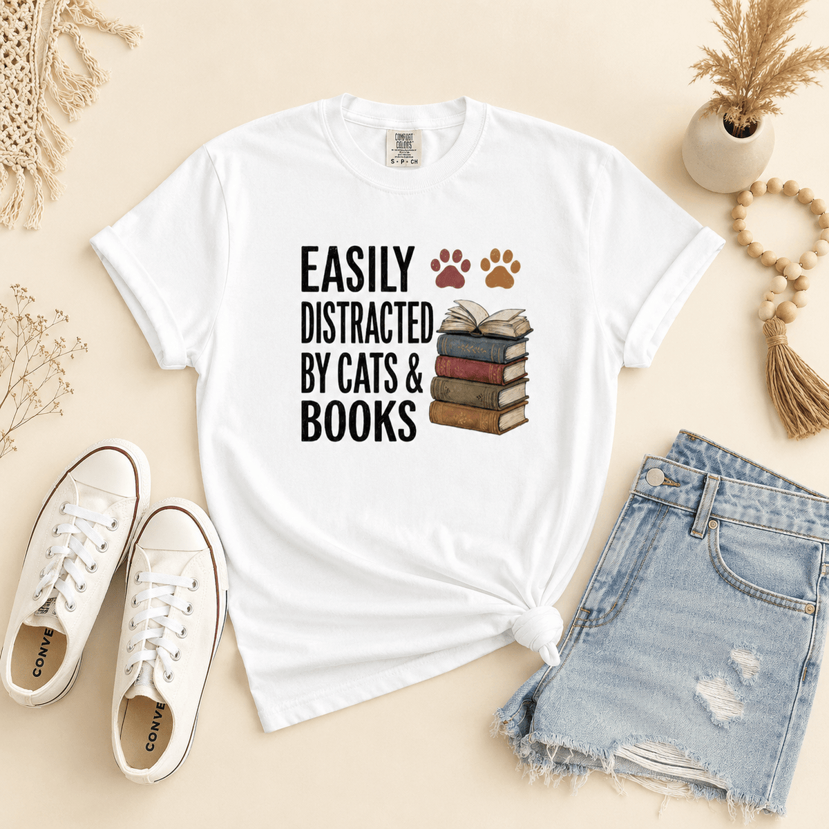 Easily Distracted by Cats & Books Tee - T-SHIRT - TheSpinedLife