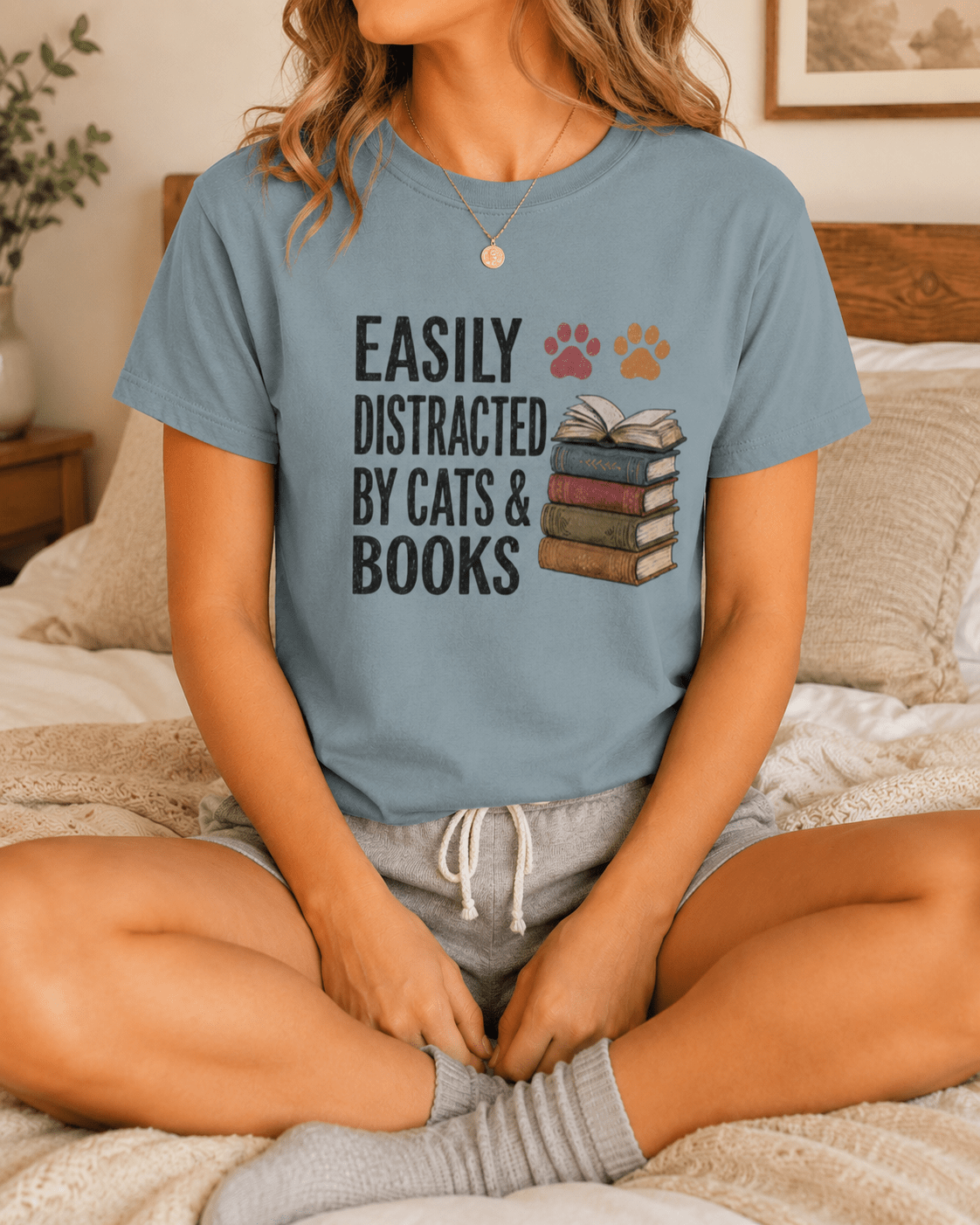 Easily Distracted by Cats & Books Tee - T-SHIRT - TheSpinedLife