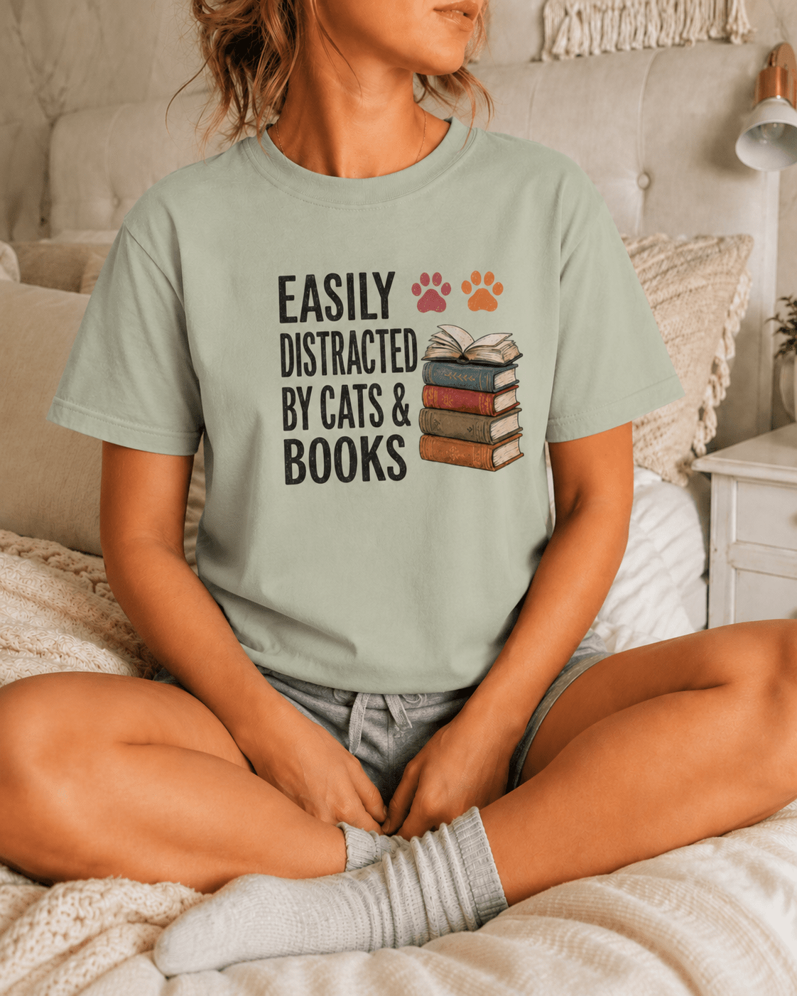 Easily Distracted by Cats & Books Tee - T-SHIRT - TheSpinedLife