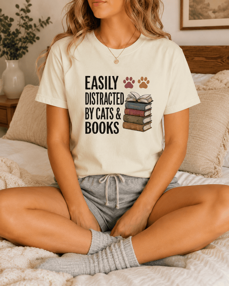 Easily Distracted by Cats & Books Tee - T-SHIRT - TheSpinedLife