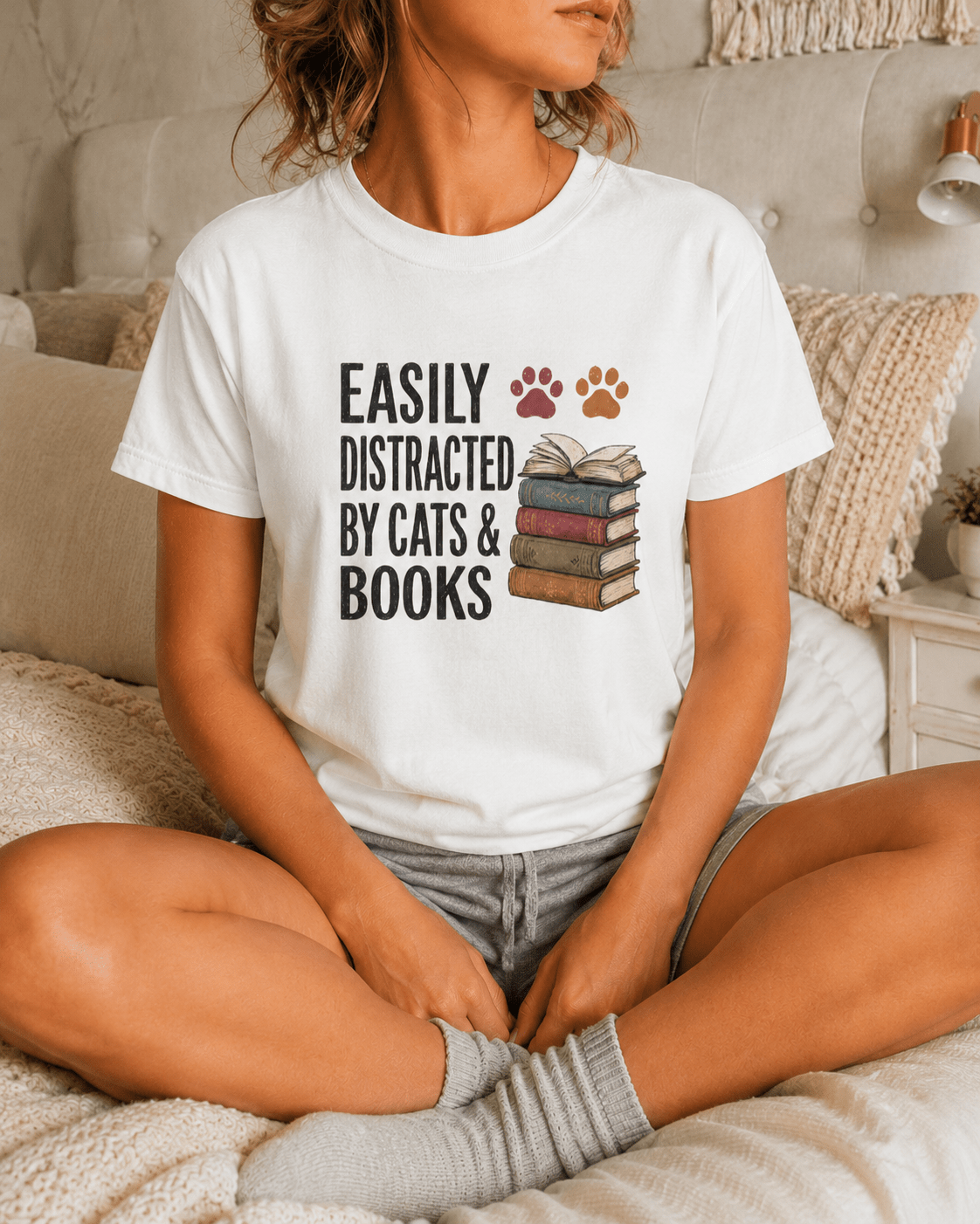 Easily Distracted by Cats & Books Tee - T-SHIRT - TheSpinedLife