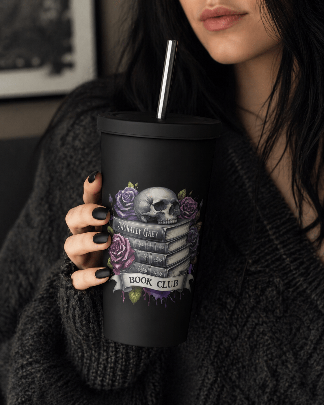 Skull & Roses Morally Grey Tumbler - DRINKWARE - TheSpinedLife