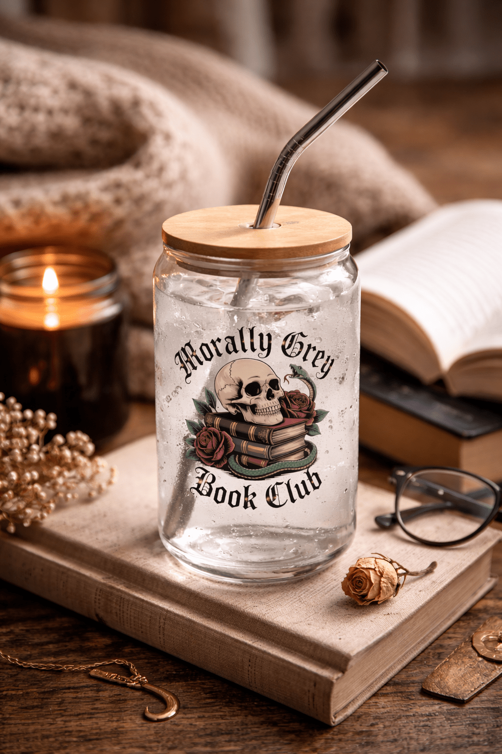 Morally Grey Book Club 16 oz Can - Shaped Glass with Bamboo Lid and Straw - DRINKWARE - TheSpinedLife