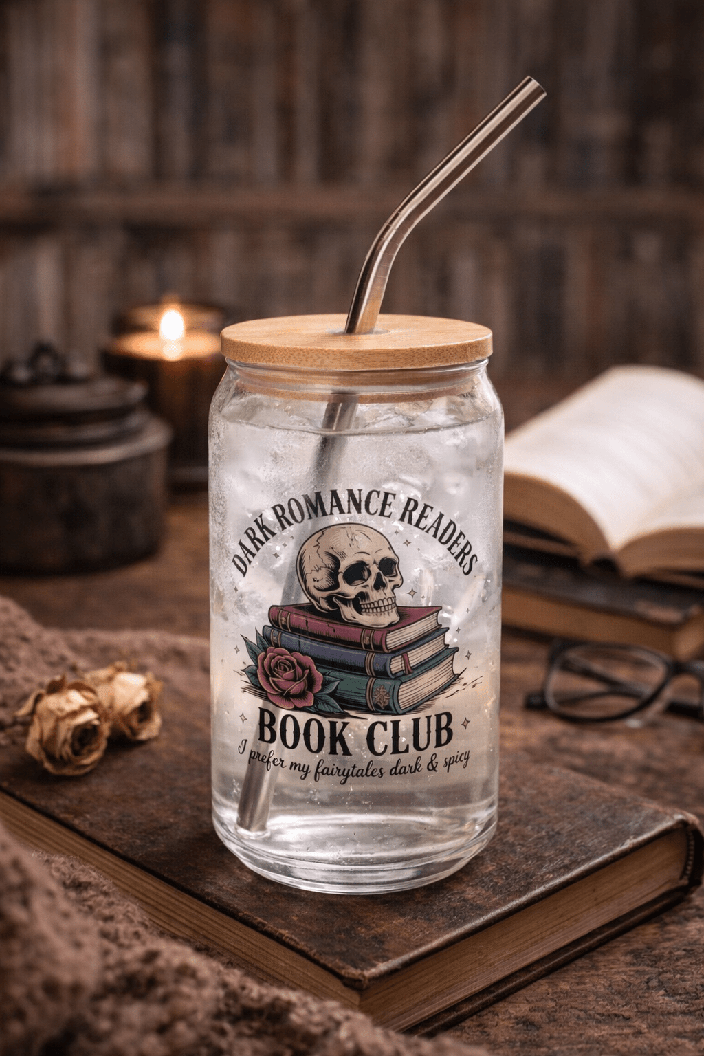 Dark Romance Readers Book Club 16oz Can - Shaped Glass with Bamboo Lid & Straw - DRINKWARE - TheSpinedLife