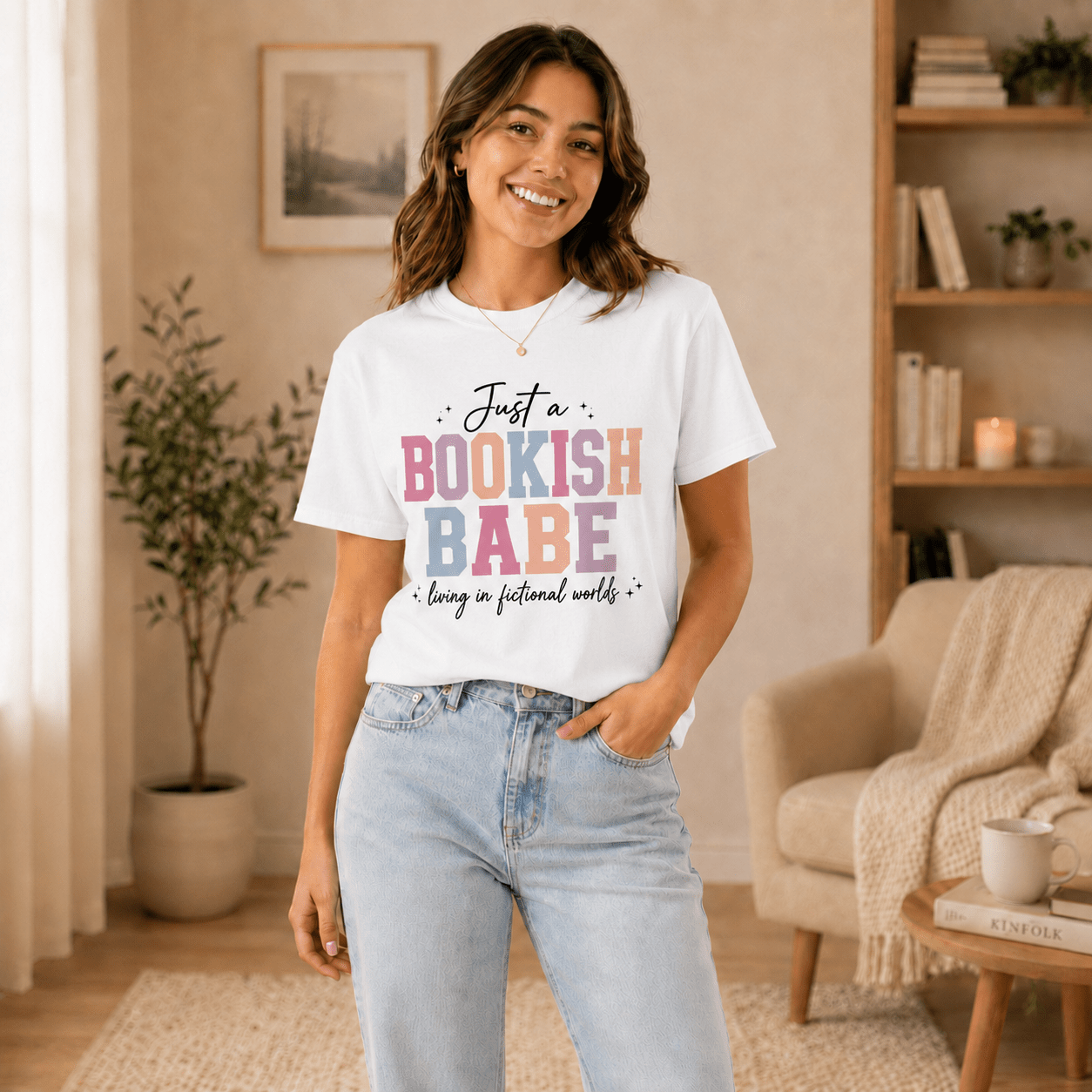 Just a Bookish Babe | Living in Fictional Worlds Tee - T - SHIRT - TheSpinedLife