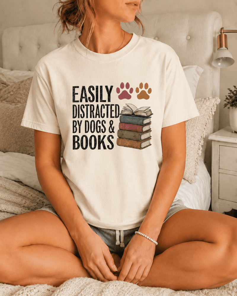 Easily Distracted by Dogs & Books Tee - T-SHIRT - TheSpinedLife