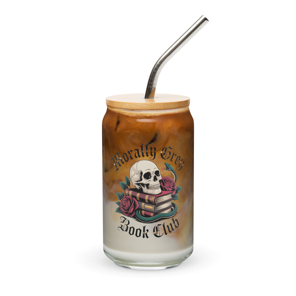 Morally Grey Book Club 16 oz Can - Shaped Glass with Bamboo Lid and Straw - DRINKWARE - TheSpinedLife