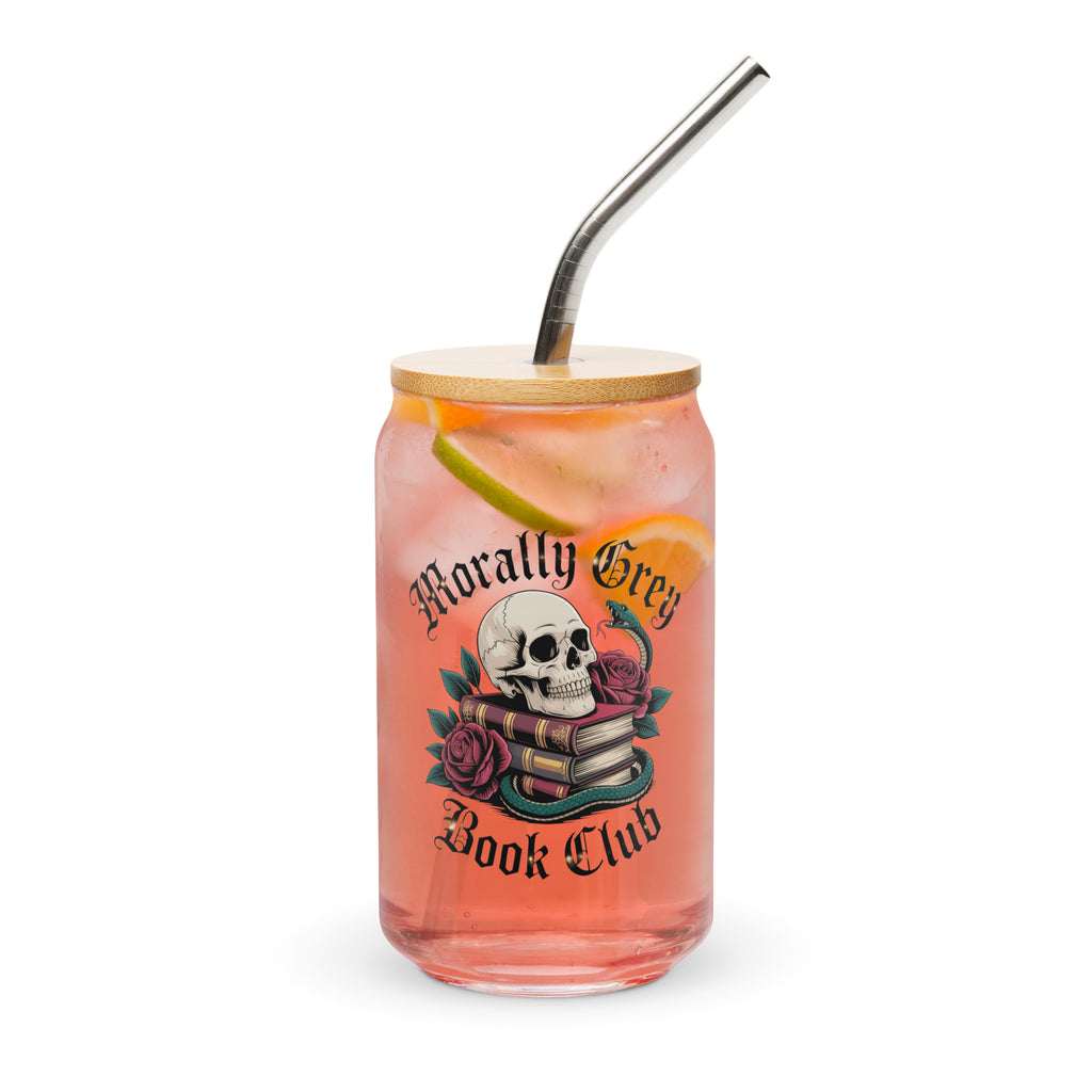 Morally Grey Book Club 16 oz Can - Shaped Glass with Bamboo Lid and Straw - DRINKWARE - TheSpinedLife