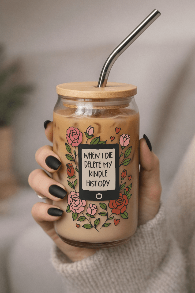 When I Die, Delete My Kindle History Floral Glass Can - DRINKWARE - TheSpinedLife